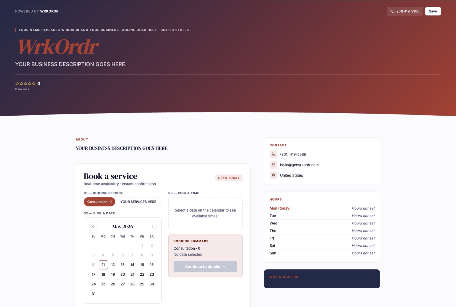 WrkOrdr Public Profile — Book a service with real-time availability, calendar, and instant confirmation
