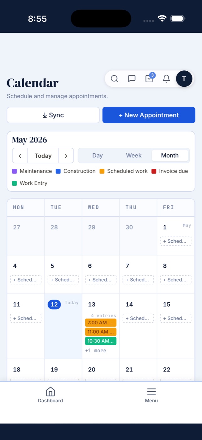 WrkOrdr Calendar — Month view with color-coded maintenance, construction, scheduled work, invoice due, and work entry events