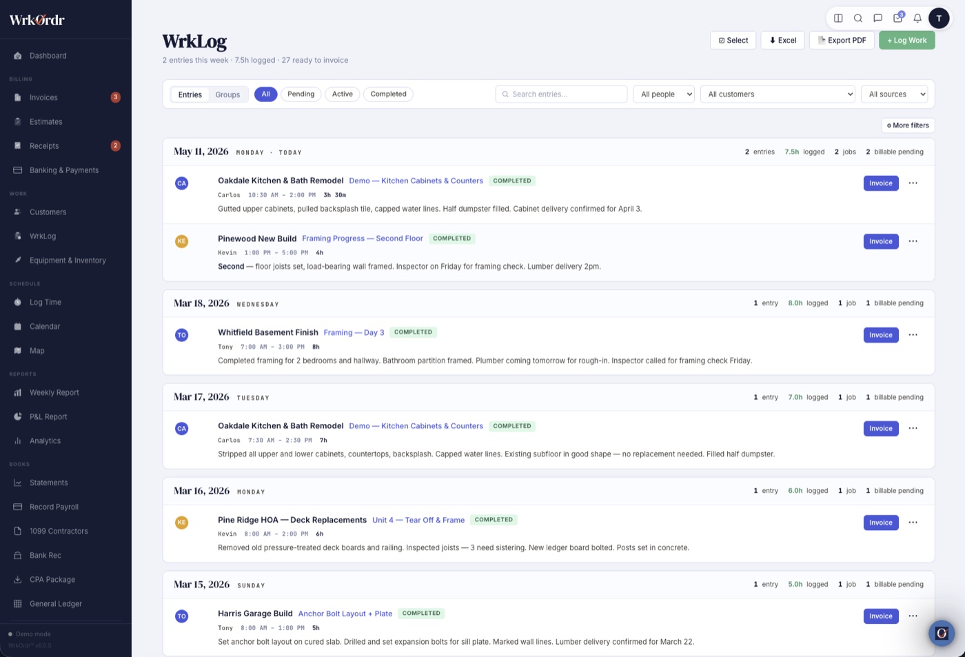 WrkOrdr WrkLog page — time tracking entries grouped by date with billable status